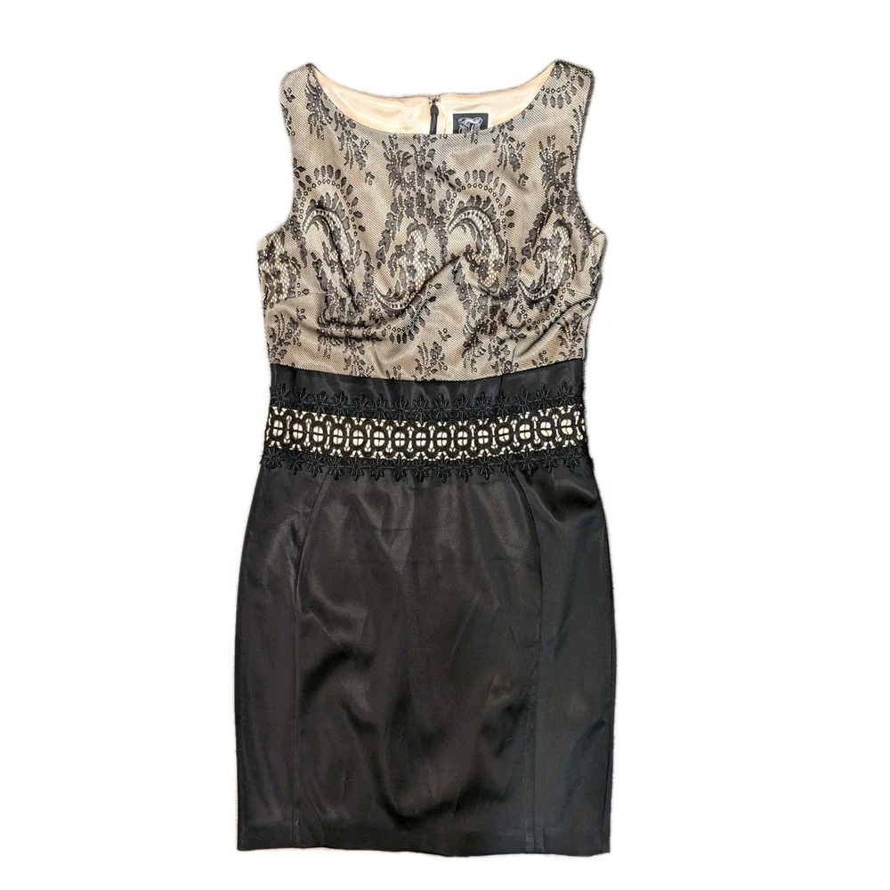 Jax 6 Bodycon Dress Black Ivory Lace Overlay Satin Cocktail Classic Party Formal